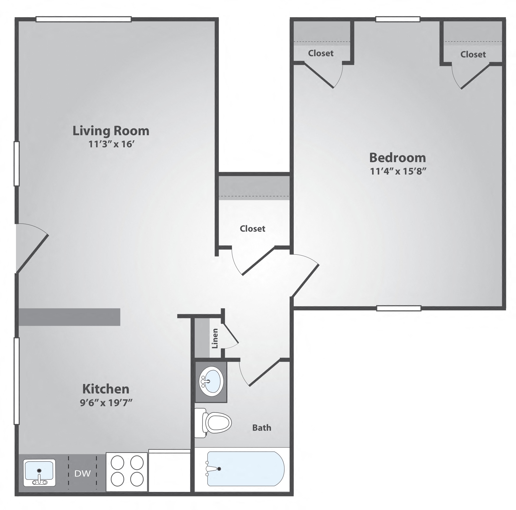 Floor plan for 1 bed, 1 bath, 540 sqft